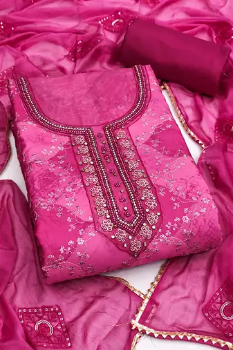 Magenta organza embellished unstitched dress material