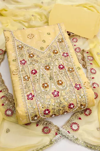 Yellow modal embroidered unstitched dress material