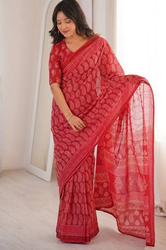 Red blocked printed, paisley soft pure cotton saree with blouse.