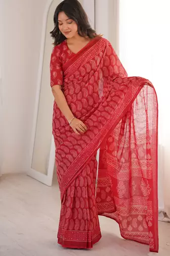 Red blocked printed, paisley soft pure cotton saree with blouse.