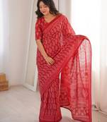 Red blocked printed, paisley soft pure cotton saree with blouse.