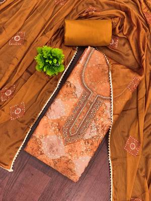 Orange organza embellished unstitched dress material 1