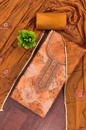 Orange organza embellished unstitched dress material