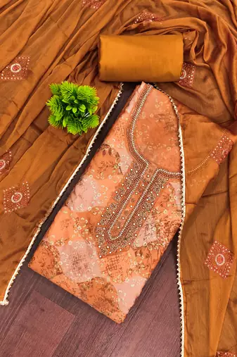 Orange organza embellished unstitched dress material