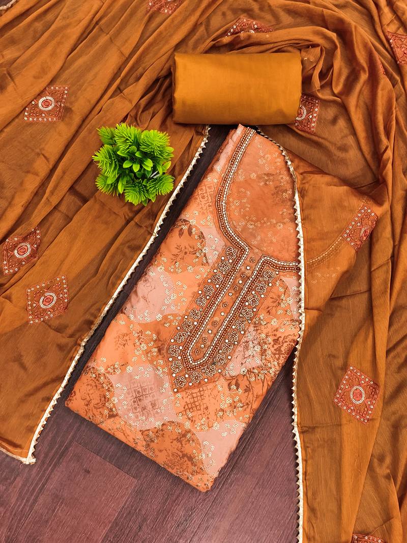 Orange organza embellished unstitched dress material