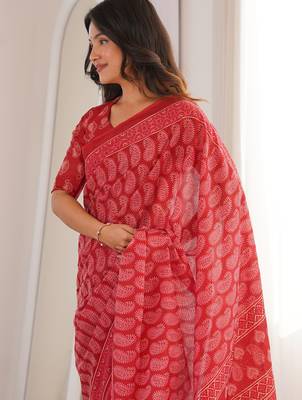 Red blocked printed, paisley soft pure cotton saree with blouse. 2