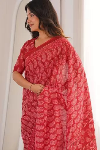 Red blocked printed, paisley soft pure cotton saree with blouse.