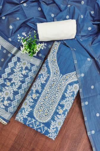 Blue cotton silk embellished unstitched dress material