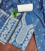 Blue cotton silk embellished unstitched dress material