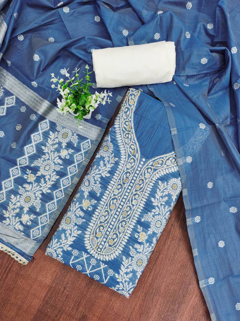 Blue cotton silk embellished unstitched dress material