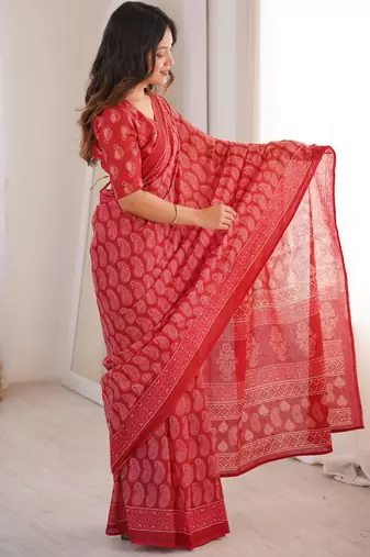 Red blocked printed, paisley soft pure cotton saree with blouse.