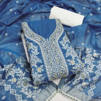 Blue cotton silk embellished unstitched dress material 2
