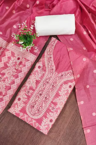 Pink cotton silk embellished unstitched dress material