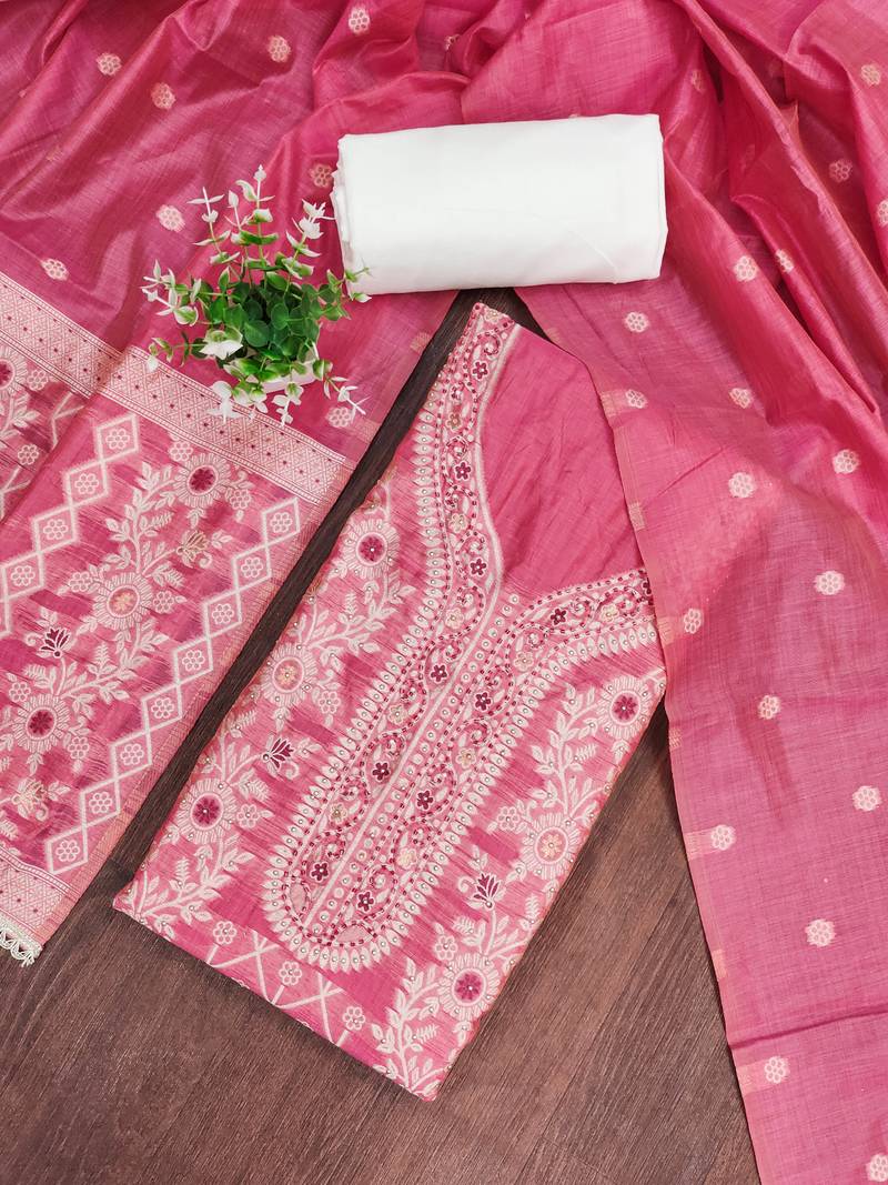 Pink cotton silk embellished unstitched dress material