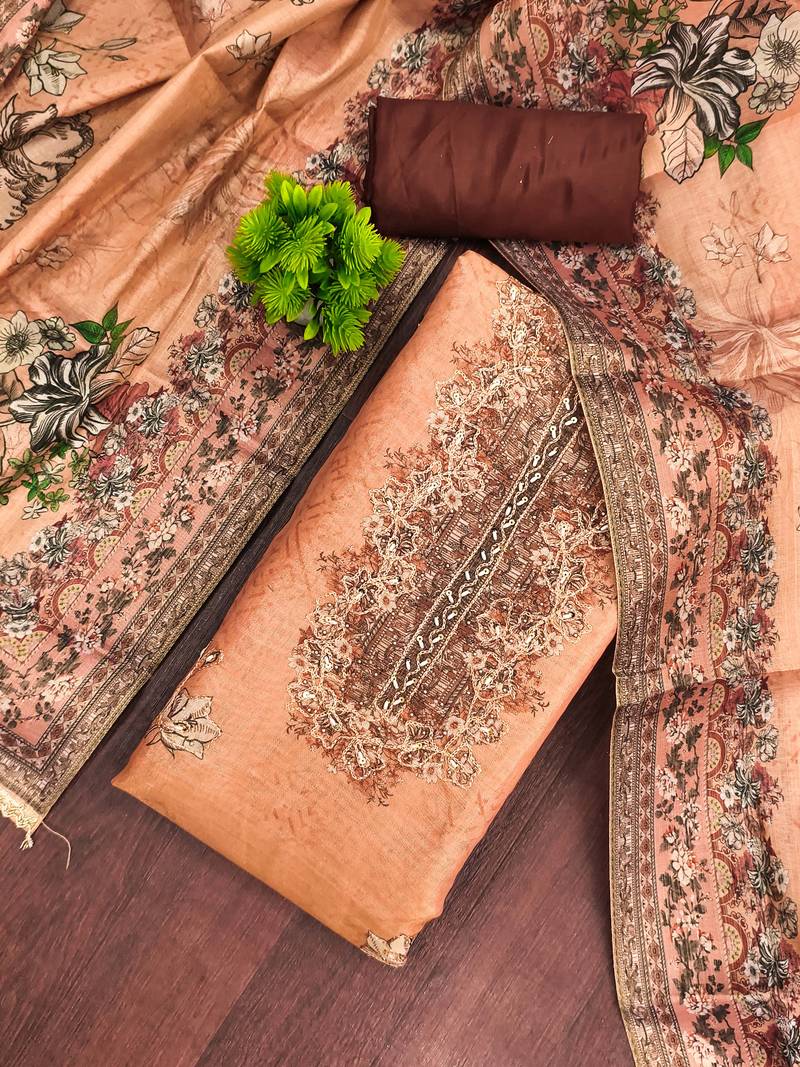 Orange viscose embellished unstitched dress material