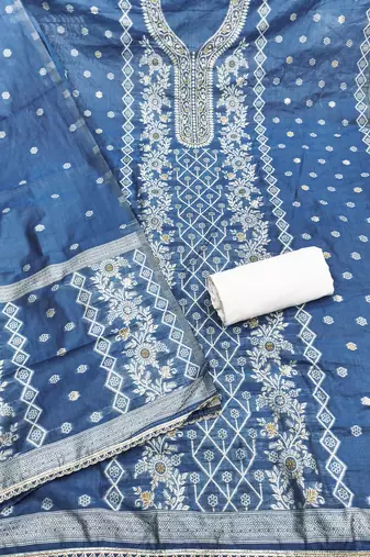 Blue cotton silk embellished unstitched dress material