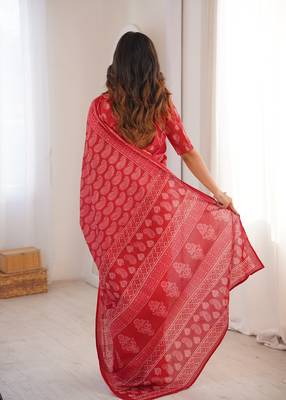 Red blocked printed, paisley soft pure cotton saree with blouse. 4