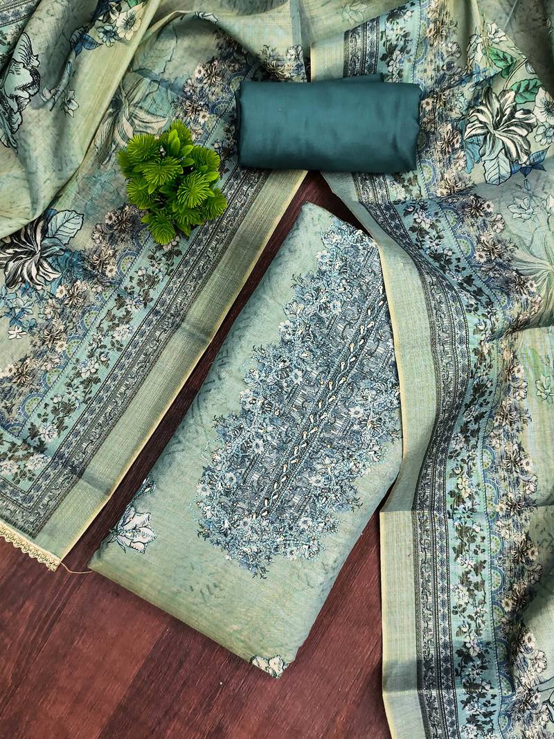 Blue viscose embellished unstitched dress material