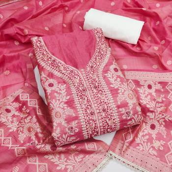 Pink cotton silk embellished unstitched dress material 2