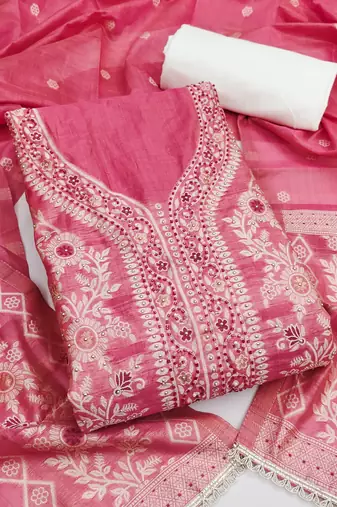 Pink cotton silk embellished unstitched dress material