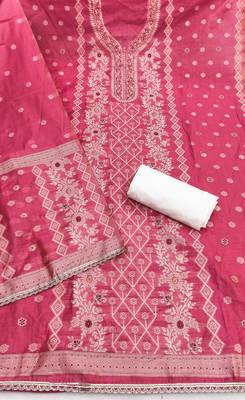 Pink cotton silk embellished unstitched dress material 3
