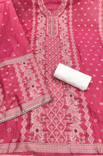 Pink cotton silk embellished unstitched dress material