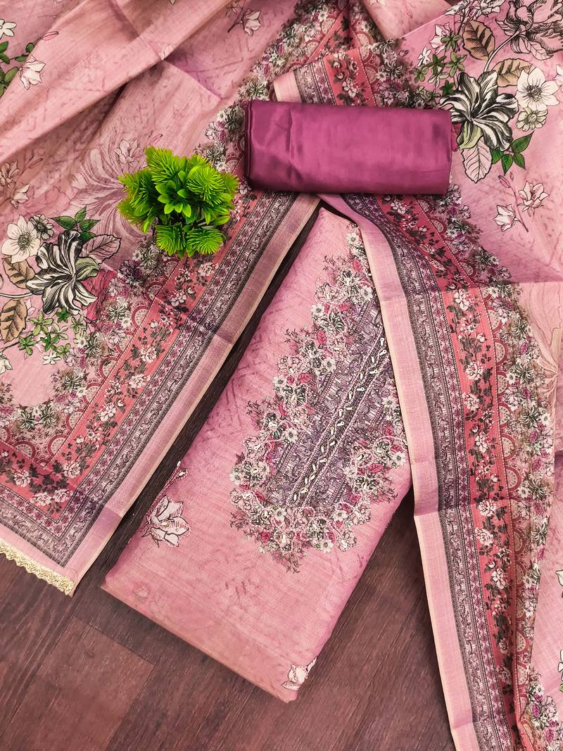 Pink viscose embellished unstitched dress material