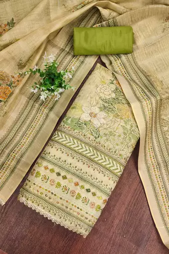 Green viscose embellished unstitched dress material