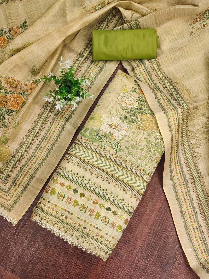 Green viscose embellished unstitched dress material