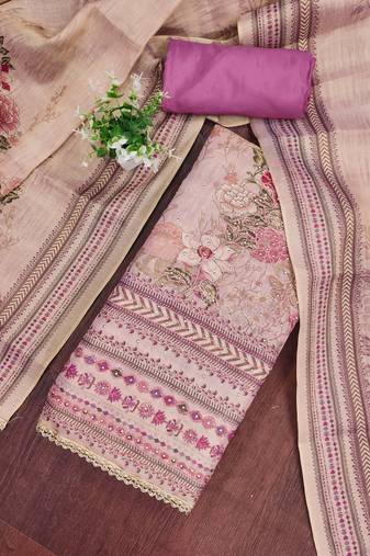 Lavender viscose embellished unstitched dress material