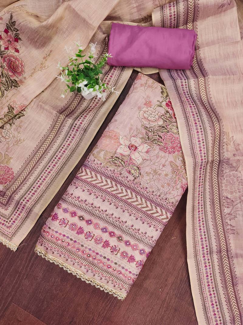 Lavender viscose embellished unstitched dress material