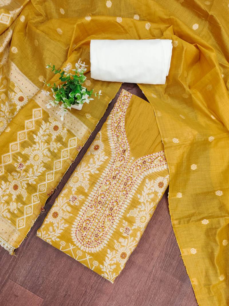 Mustrad cotton silk embellished unstitched dress material