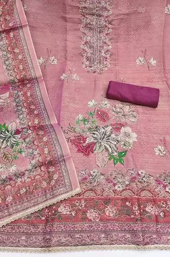 Pink viscose embellished unstitched dress material