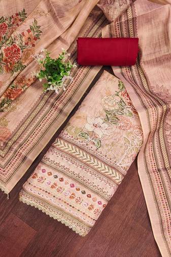 Red viscose embellished unstitched dress material