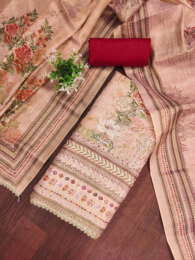 Red viscose embellished unstitched dress material