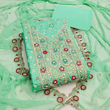Mint modal embroidered unstitched dress material 2