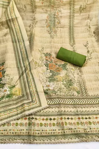 Green viscose embellished unstitched dress material