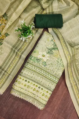 Green viscose embellished unstitched dress material