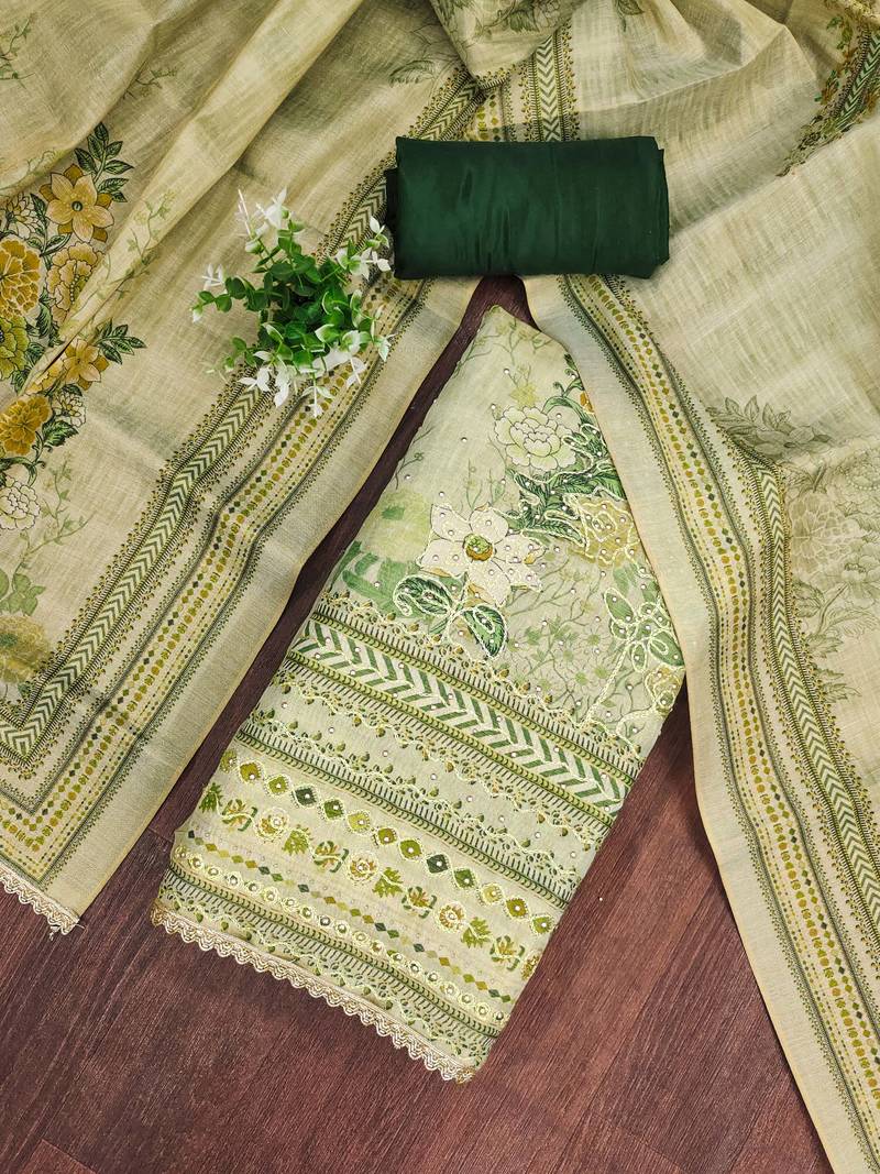 Green viscose embellished unstitched dress material