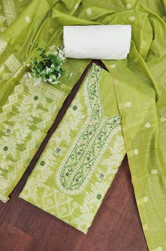 Parrot green cotton silk embellished unstitched dress material