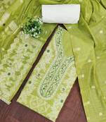Parrot green cotton silk embellished unstitched dress material