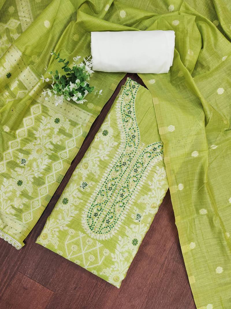 Parrot green cotton silk embellished unstitched dress material