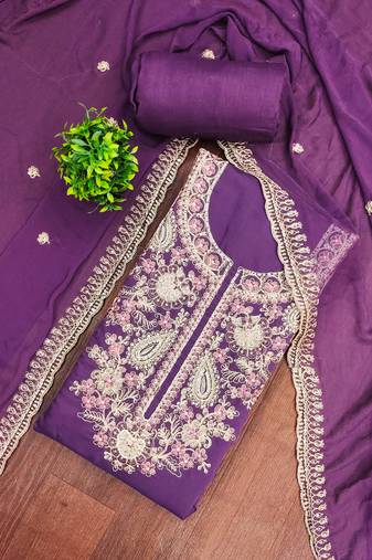 Purple cotton silk embroidered unstitched dress material