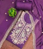 Purple cotton silk embroidered unstitched dress material