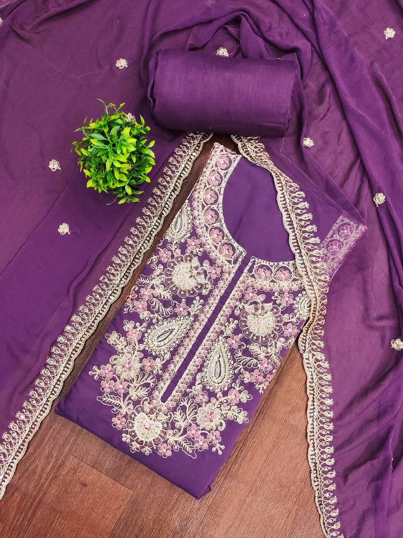 Purple cotton silk embroidered unstitched dress material