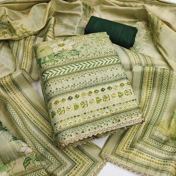 Green viscose embellished unstitched dress material 2