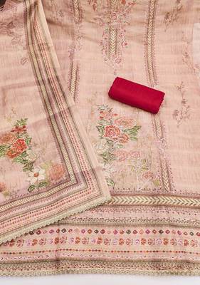 Red viscose embellished unstitched dress material 3