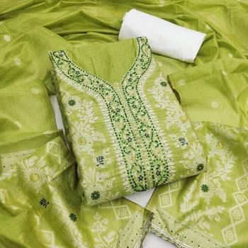 Parrot green cotton silk embellished unstitched dress material 2