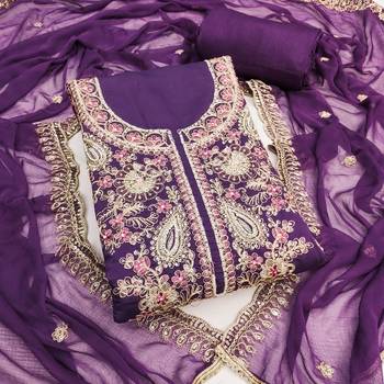 Purple cotton silk embroidered unstitched dress material 2