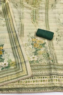 Green viscose embellished unstitched dress material 3